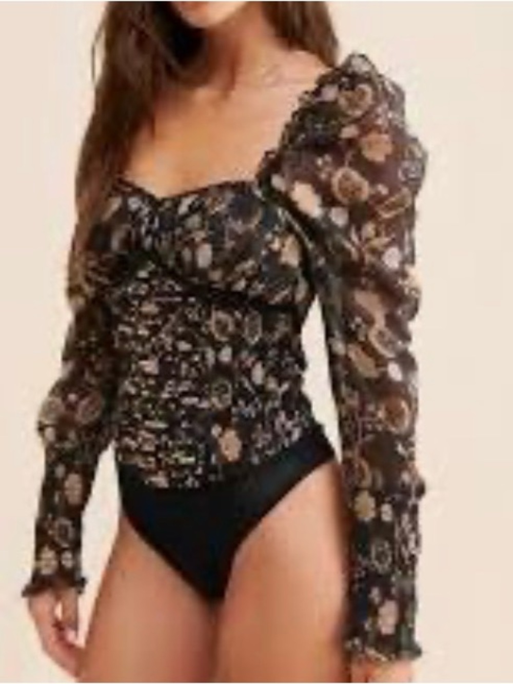 Free People Black Floral Puff-Sleeve Smocked Bodysuit